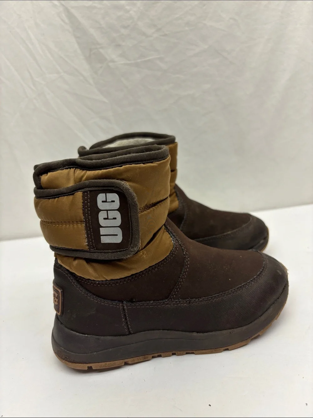 UGG Kids Brown and Tan Winter Booties, size 11 for toddler boy, box 74